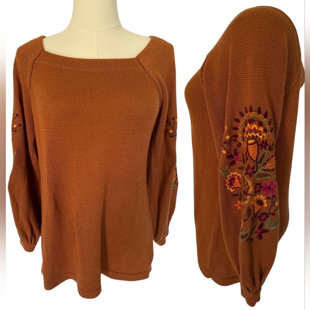 The Pioneer Woman Embroidered Cottagecore Sweater - Burnt Orange/Rust XS